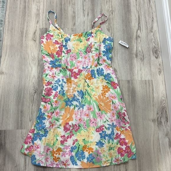 Old Navy Floral Multicolor  fit and flare linen  Sleeveless Dress large - Picture 2 of 8